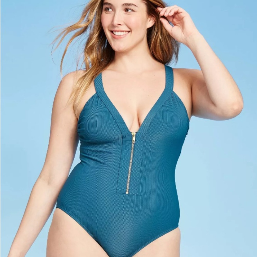 Teal Zip-Front One-Piece Swimsuit